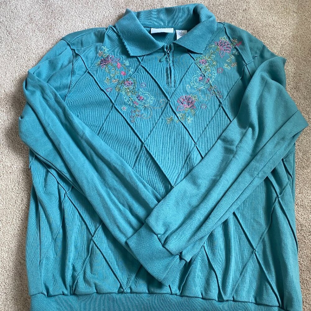 Vintage Teal Floral Embroidered Half Zip Collared Pullover Sweater Size L
